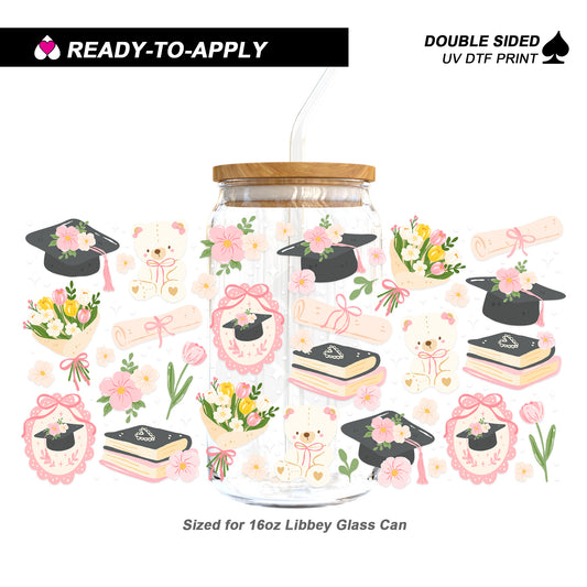 Pink Floral Graduation Bear - Double Sided UV DTF Cup Wrap for 16oz Libbey