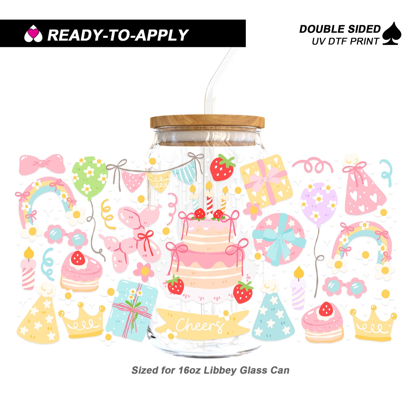 Pastel Strawberry Birthday Party - Double Sided UV DTF Cup Wrap for 16oz Libbey