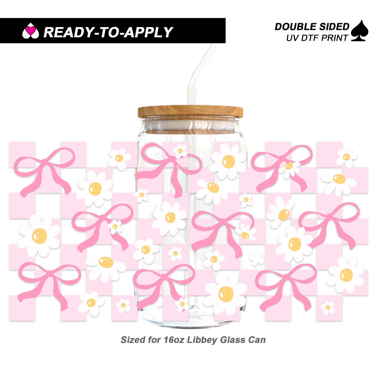 Pastel Pink Checkered Daisies & Bows - Double Sided UV DTF Cup Wrap for 16oz Libbey