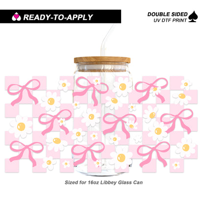 Pastel Pink Checkered Daisies & Bows - Double Sided UV DTF Cup Wrap for 16oz Libbey
