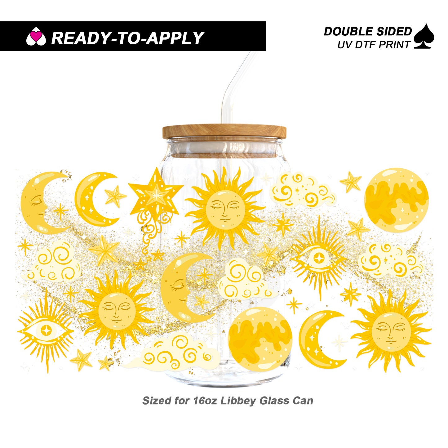 Boho Golden Sun Moon & Stars Celestial - Double Sided UV DTF Cup Wrap for 16oz Libbey