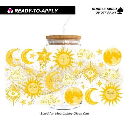 Boho Golden Sun Moon & Stars Celestial - Double Sided UV DTF Cup Wrap for 16oz Libbey