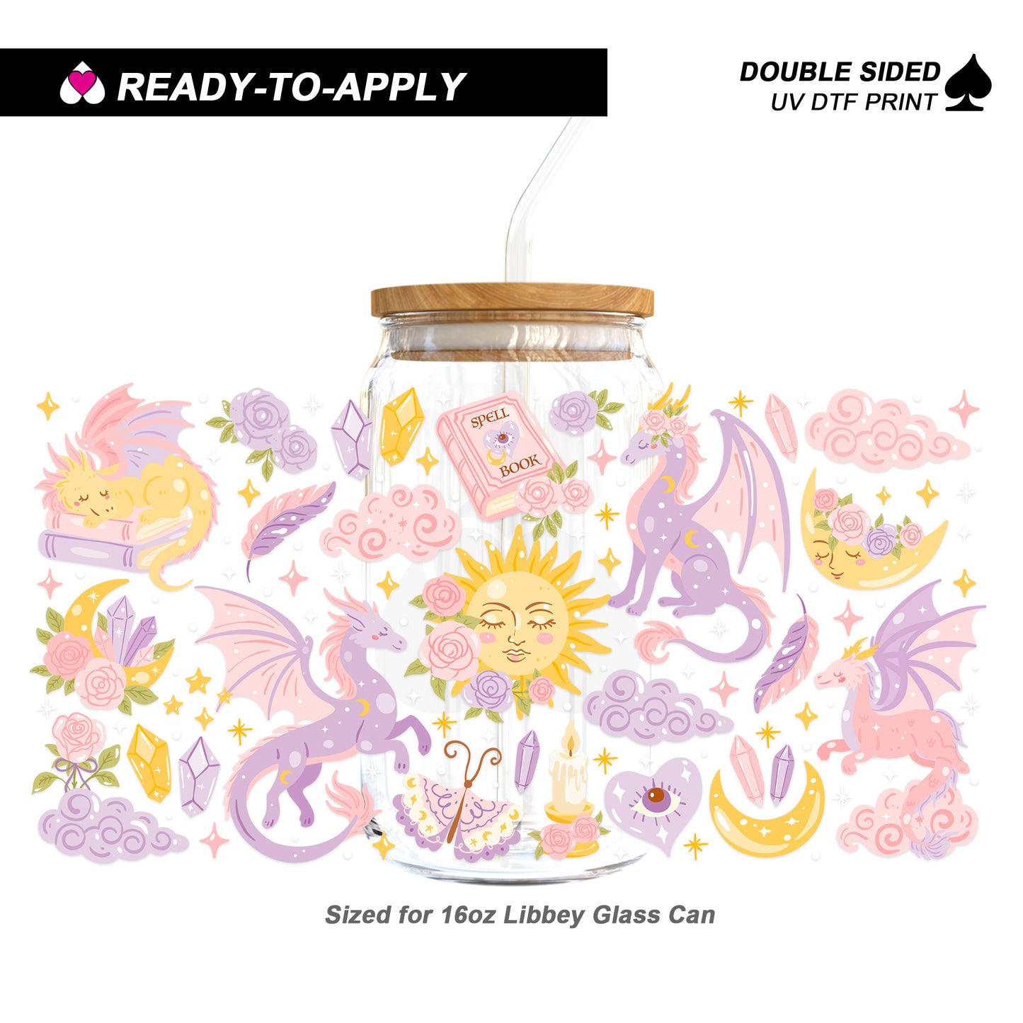 Pastel Fantasy Dragons & Spell Book - Double Sided UV DTF Cup Wrap for 16oz Libbey