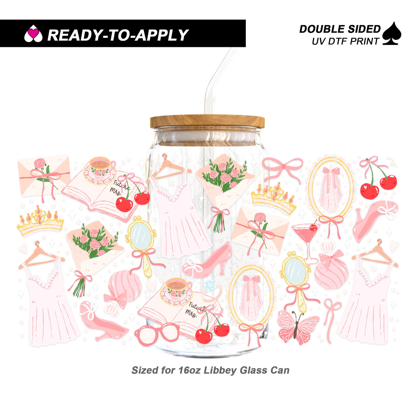 Coquette Bridal Future Mrs Cherries & Bows - Double Sided UV DTF Cup Wrap for 16oz Libbey