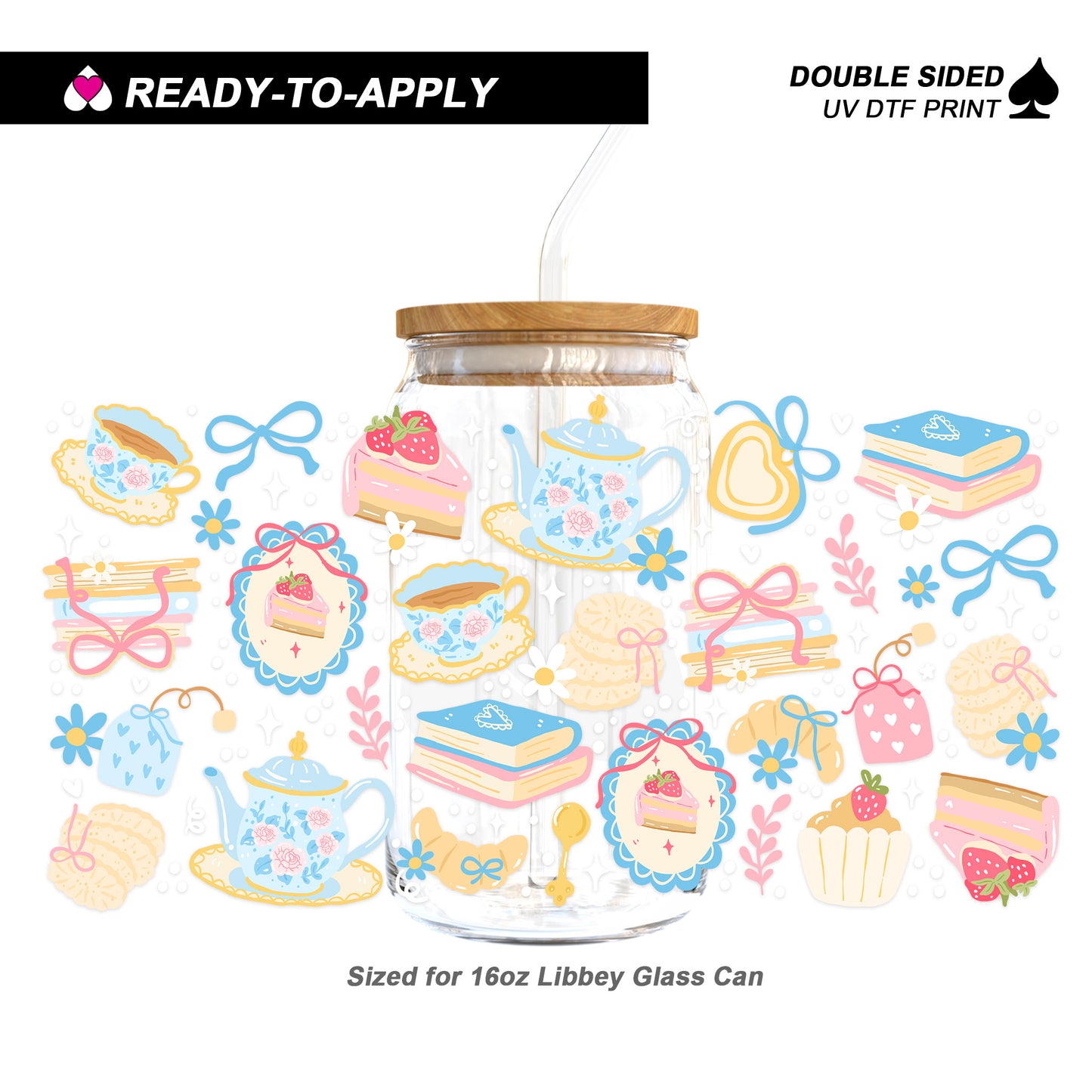 Pastel Tea Party & Books - Double Sided UV DTF Cup Wrap for 16oz Libbey
