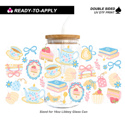 Pastel Tea Party & Books - Double Sided UV DTF Cup Wrap for 16oz Libbey