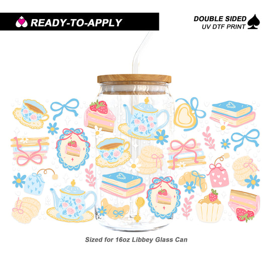 Pastel Tea Party & Books - Double Sided UV DTF Cup Wrap for 16oz Libbey
