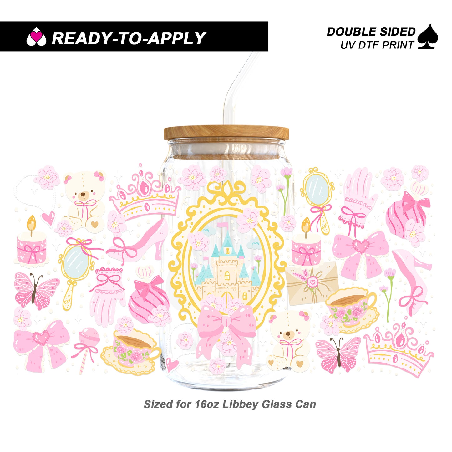 Pastel Princess Castle & Coquette Bows - Double Sided UV DTF Cup Wrap for 16oz Libbey