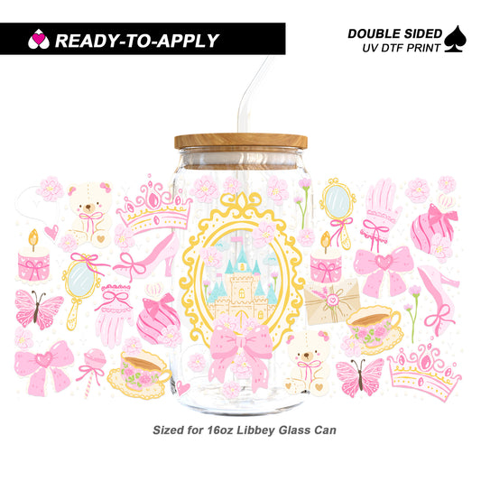 Pastel Princess Castle & Coquette Bows - Double Sided UV DTF Cup Wrap for 16oz Libbey