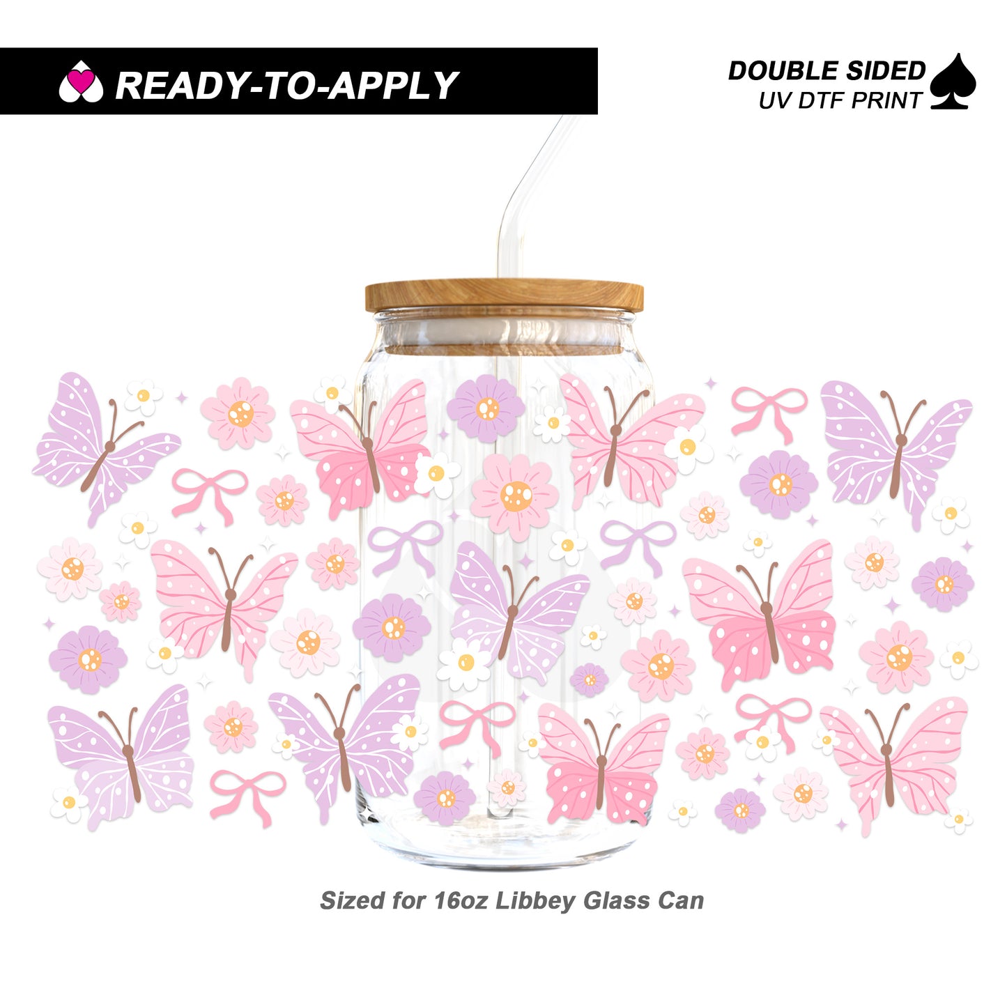 Coquette Pastel Butterfly & Floral Bows - Double Sided UV DTF Cup Wrap for 16oz Libbey