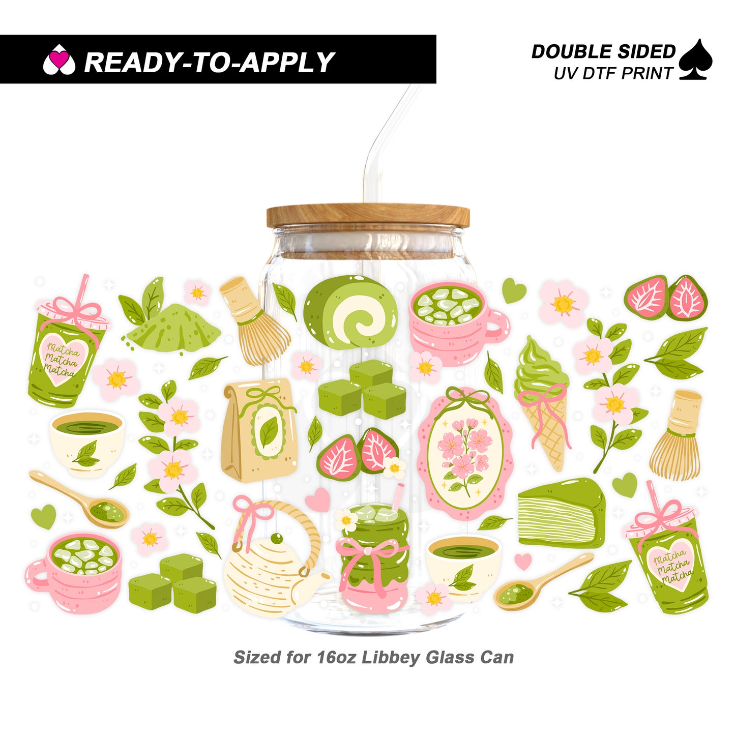 Aesthetic Matcha Cafe & Strawberry Sweets - Double Sided UV DTF Cup Wrap for 16oz Libbey