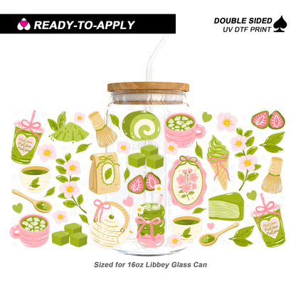 Aesthetic Matcha Cafe & Strawberry Sweets - Double Sided UV DTF Cup Wrap for 16oz Libbey