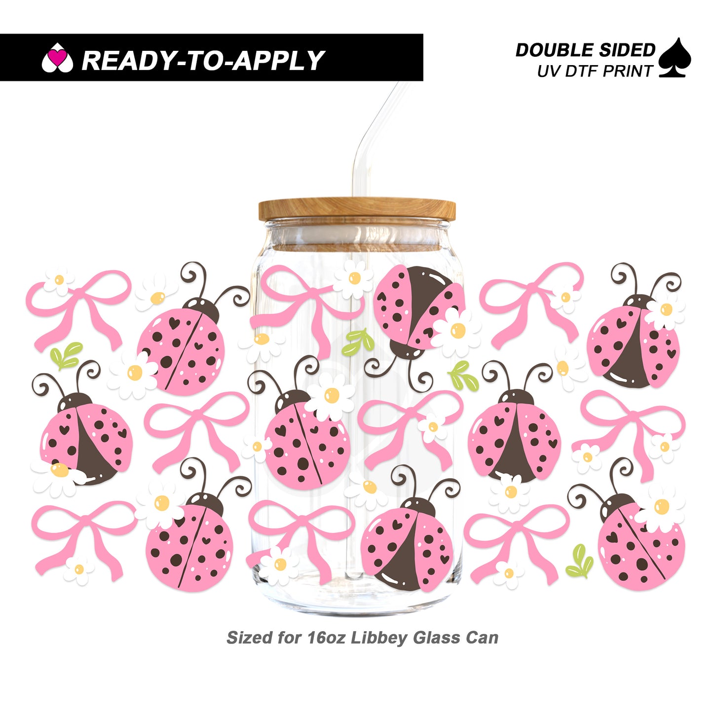 Coquette Pastel Pink Ladybugs & Bows - Double Sided UV DTF Cup Wrap for 16oz Libbey