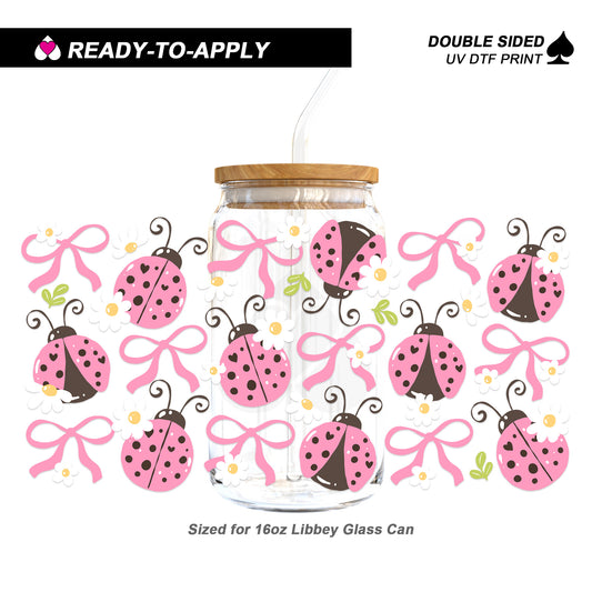 Coquette Pastel Pink Ladybugs & Bows - Double Sided UV DTF Cup Wrap for 16oz Libbey