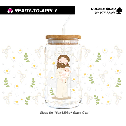 Cute Jesus & Lamb Floral Bows - Double Sided UV DTF Cup Wrap for 16oz Libbey