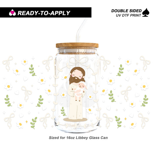 Cute Jesus & Lamb Floral Bows - Double Sided UV DTF Cup Wrap for 16oz Libbey