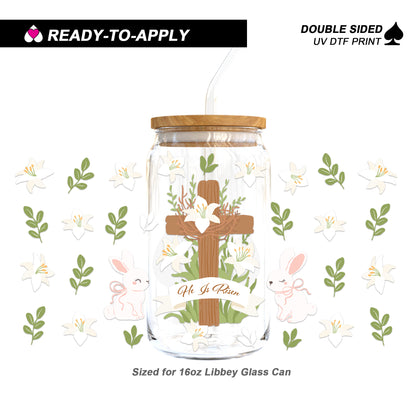 Easter "He Is Risen" Cross & Bunnies - Double Sided UV DTF Cup Wrap for 16oz Libbey