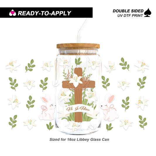 Easter "He Is Risen" Cross & Bunnies - Double Sided UV DTF Cup Wrap for 16oz Libbey