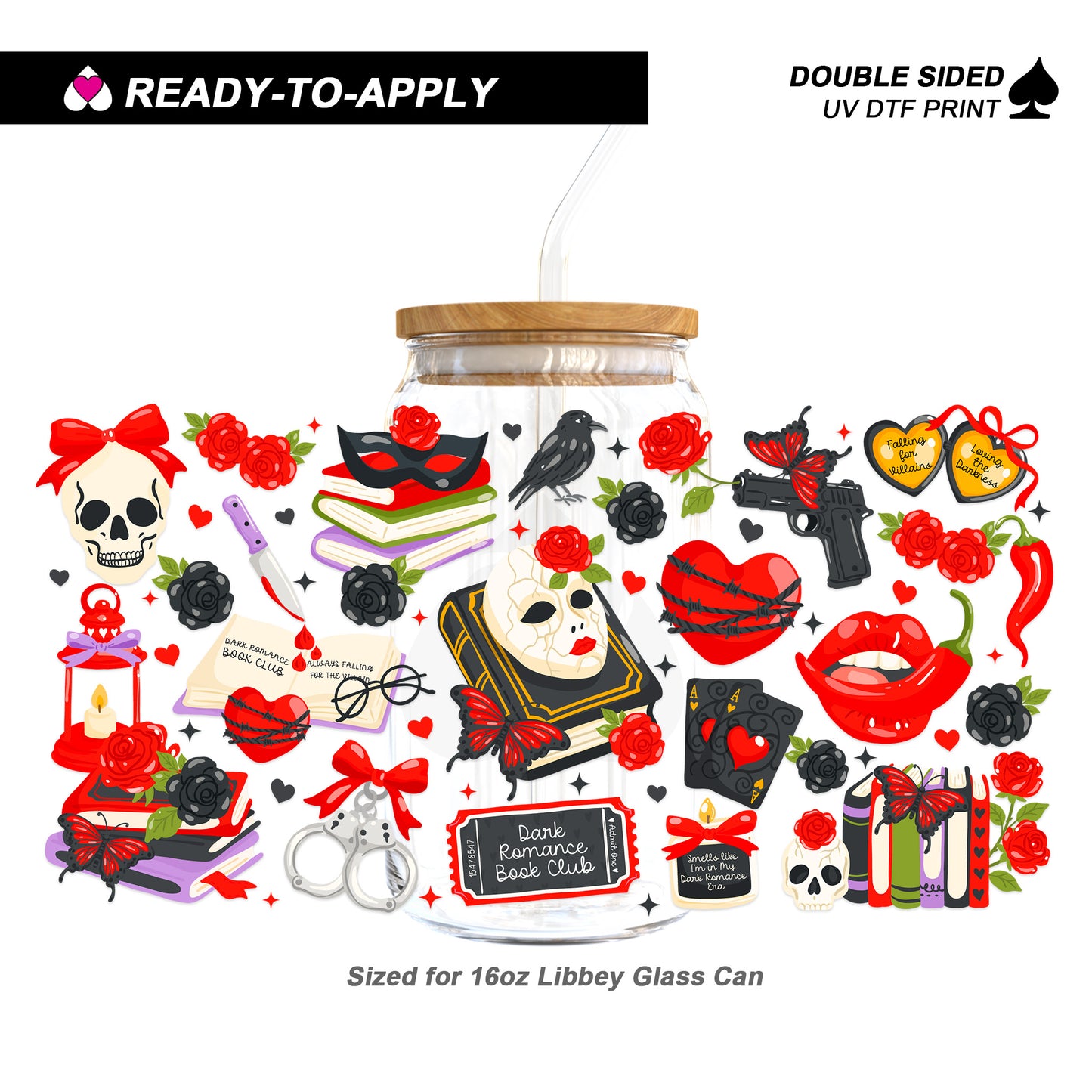 Dark Romance Book Club Villains & Roses - Double Sided UV DTF Cup Wrap for 16oz Libbey