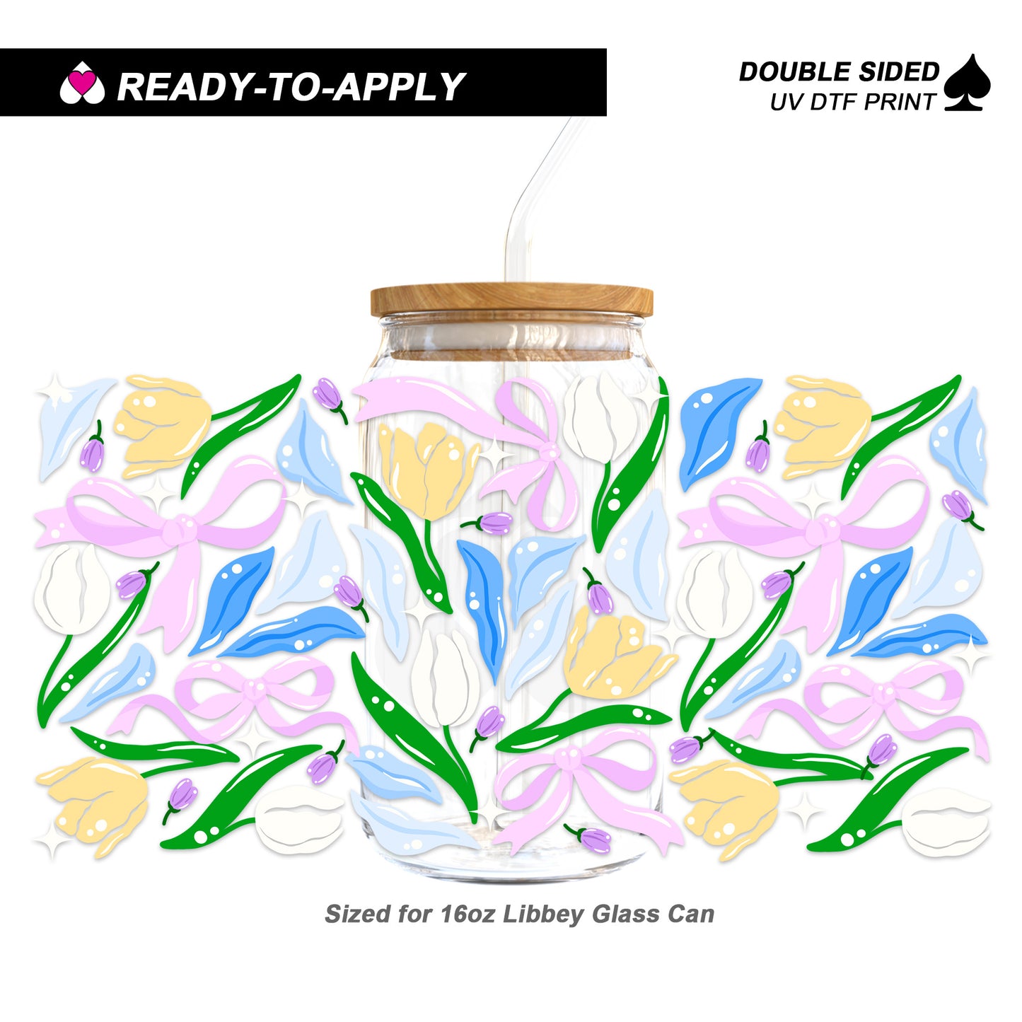 Pastel Spring Tulips & Coquette Bows - Double Sided UV DTF Cup Wrap for 16oz Libbey