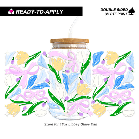 Pastel Spring Tulips & Coquette Bows - Double Sided UV DTF Cup Wrap for 16oz Libbey