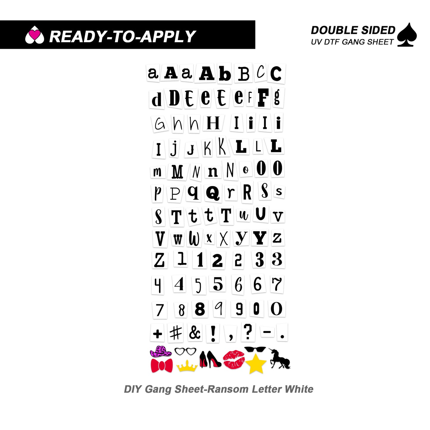White DIY Ransom Note Alphabet Letters & Numbers | Double Sided UV DTF Wrap