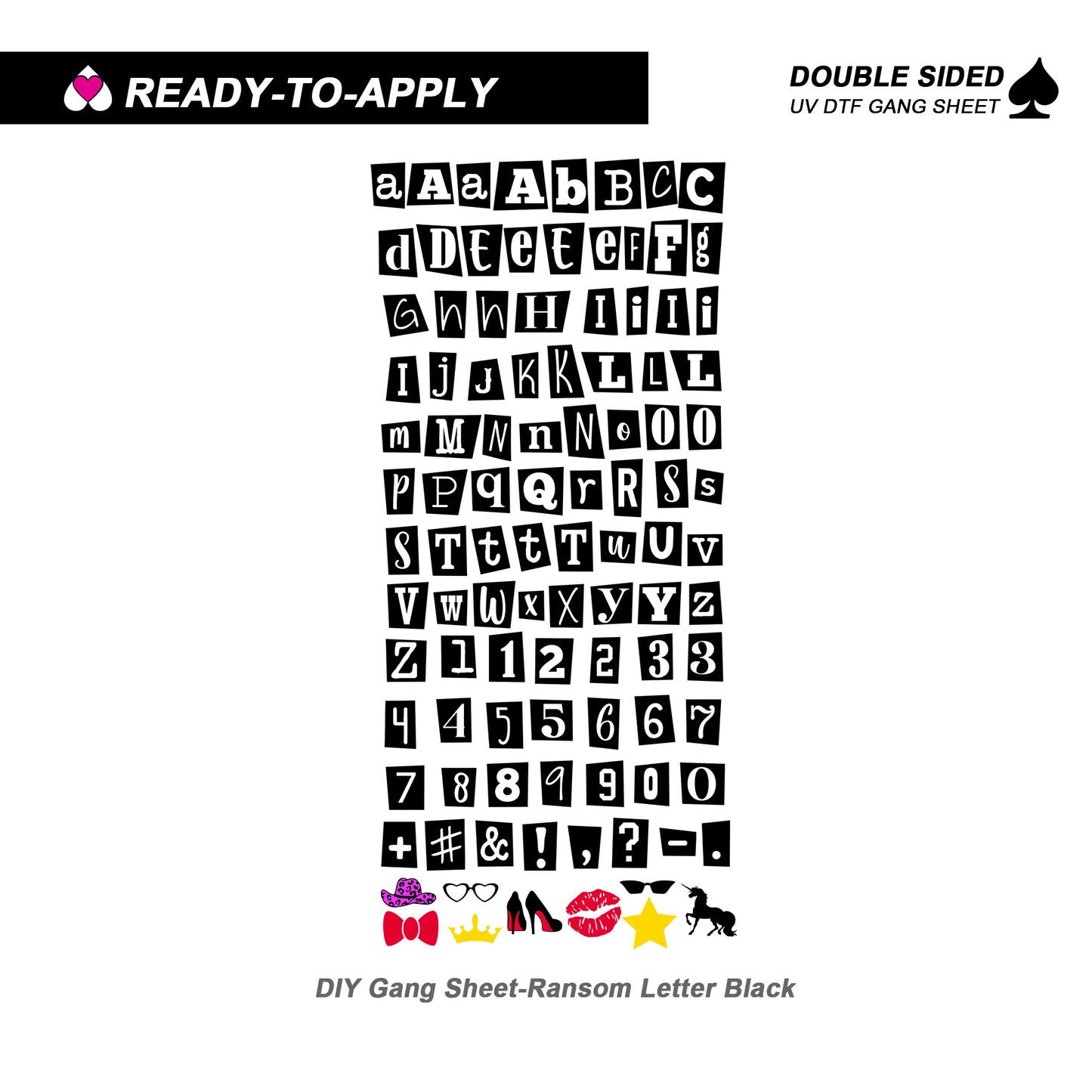 Black DIY Ransom Note Alphabet Letters & Numbers | Double Sided UV DTF Wrap