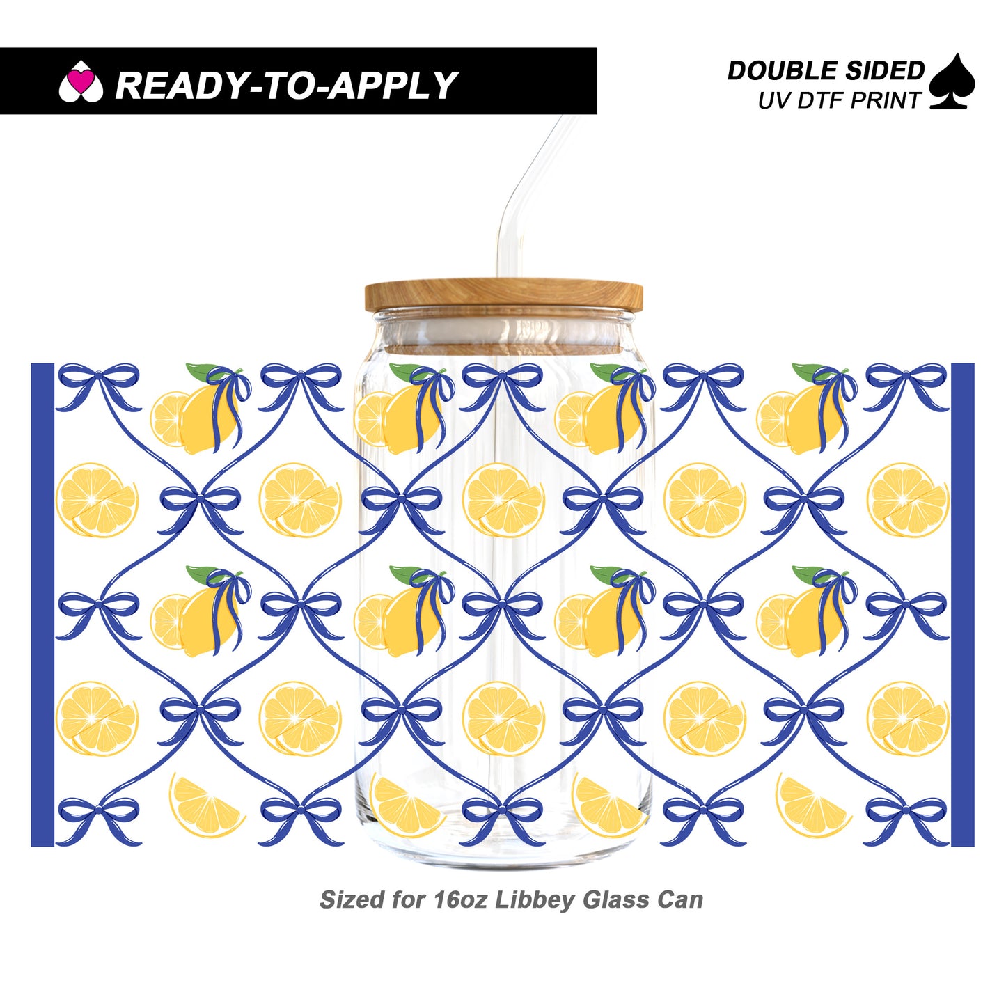 Summer Lemon & Blue Ribbon Trellis | 16oz UV DTF Cup Wrap