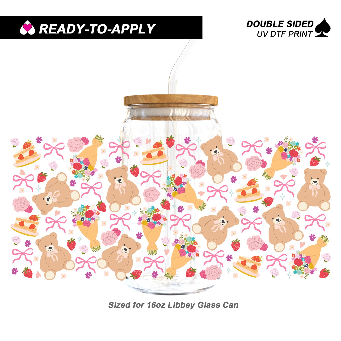 Sweet Teddy Bear & Dessert Pattern | 16oz UV DTF Cup Wrap