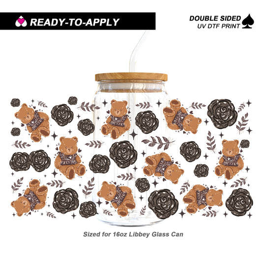 Elegant Black Rose & Little Bear | 16oz UV DTF Cup Wrap
