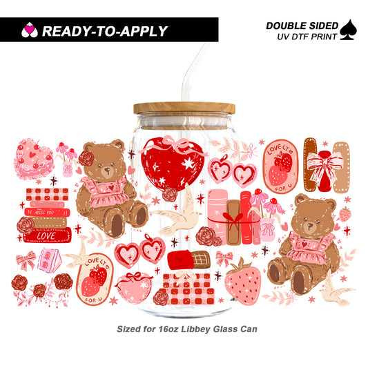 Kawaii Coquette Teddy Bear Love | 16oz UV DTF Cup Wrap