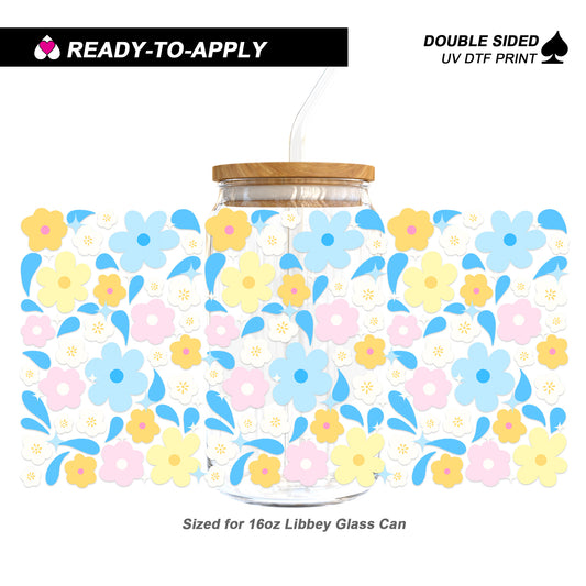 Pastel Daisy Floral - Double Sided UV DTF Cup Wrap for 16oz Libbey Glass Can