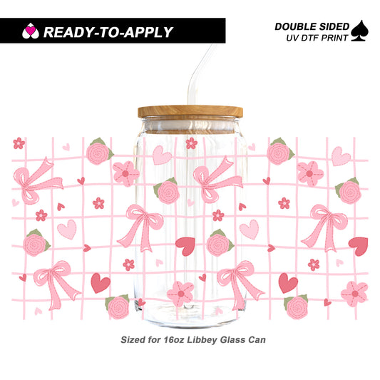 Pink Coquette Bow & Strawberry Plaid | 16oz UV DTF Cup Wrap
