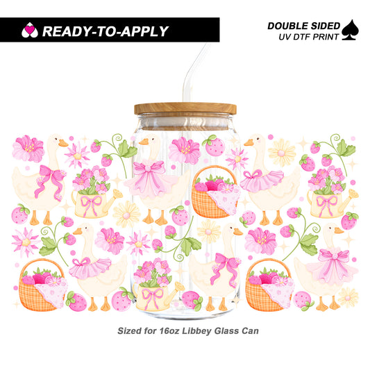 Kawaii Cottagecore Goose Strawberry Picnic | 16oz UV DTF Cup Wrap
