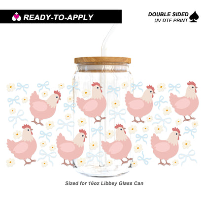 Sweet Pink Hen & Blue Ribbon | 16oz UV DTF Cup Wrap