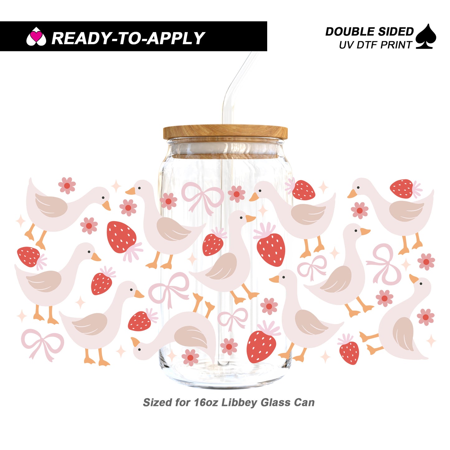 Strawberry Goose & Pink Bows | 16oz UV DTF Cup Wrap