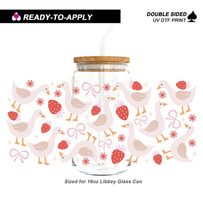 Strawberry Goose & Pink Bows | 16oz UV DTF Cup Wrap