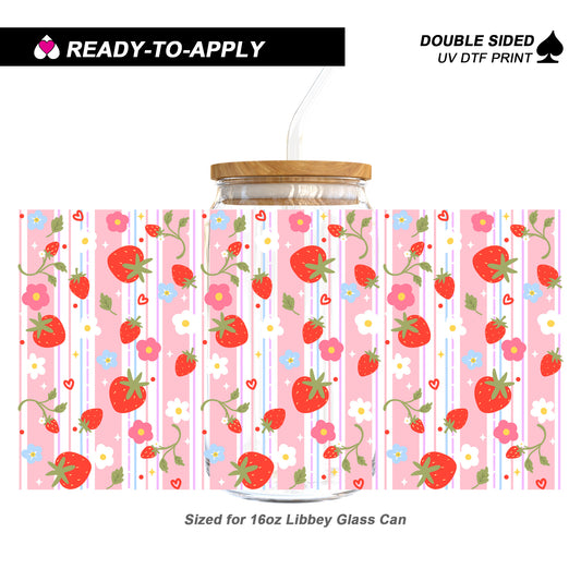 Sweet Strawberry & Pink Stripe Pattern | 16oz UV DTF Cup Wrap